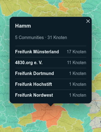 Popup zum Stadtgebiet Hamm, daß dort 5 Communities aktiv sind mit insgesamt 31 Knoten